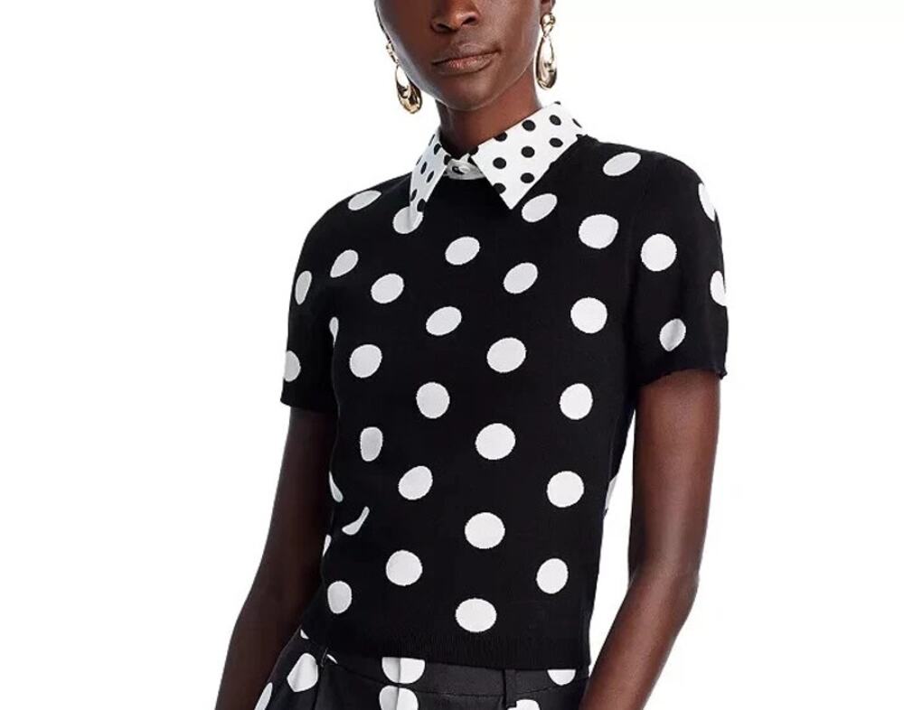 Alice + Olivia Aster Polka Dot Collared Sweater Top Black White Knit